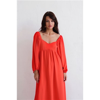 9812 Платье-миди с пышными рукавами красно-оранжевое (остаток: 42)