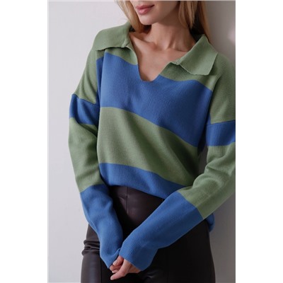 10652 Пуловер с воротником сине-зелёный
