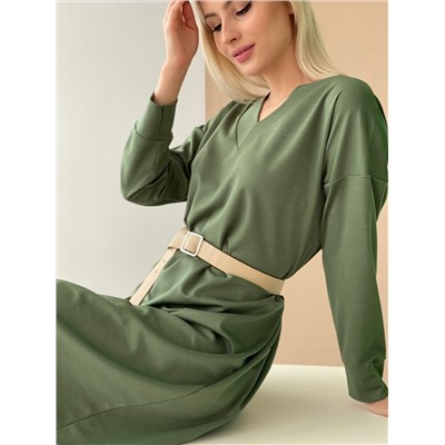 5538 Платье со спущенным плечом в приглушённом зелёном (остаток: 46-48)