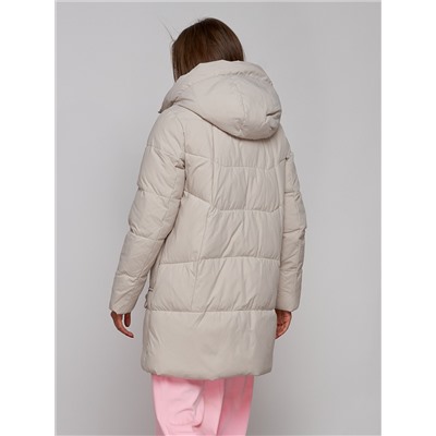 Зимняя женская куртка молодежная с капюшоном бежевого цвета 586821B