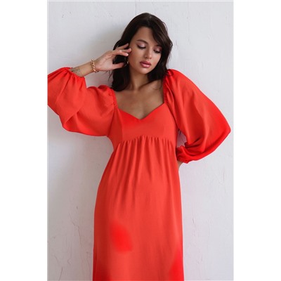9812 Платье-миди с пышными рукавами красно-оранжевое (остаток: 42)