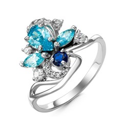 Серебряное кольцо с фианитами голубого и синего цвета 029