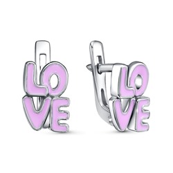 Серебряные серьги "LOVE"  с розовой эмалью - 102