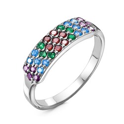 Серебряное кольцо с голубыми,зелеными и красными фианитами - 1140