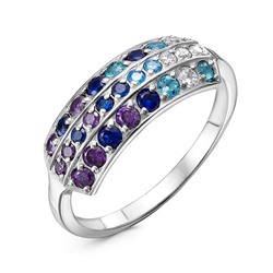 Серебряное кольцо с фиолетовыми,синими и голубыми фианитами - 1138